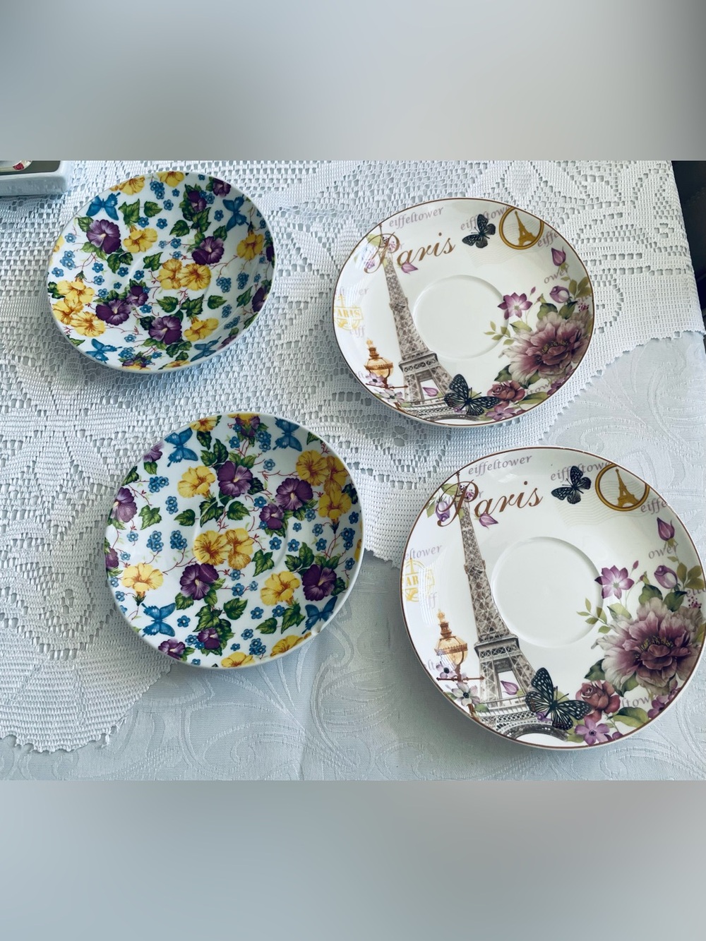 4 Floral Paris Porcelain Tea Saucer Set - White with Purple & Yellow Flowers